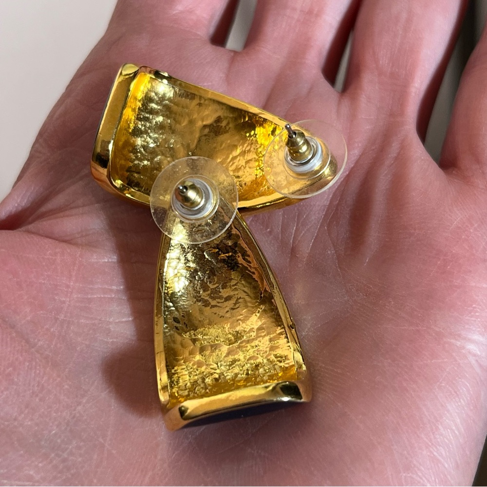 Vintage 1980 90 retro Heavy Gold Red Blue Byzantine oversized Half hoop Earrings - Picture 12 of 13